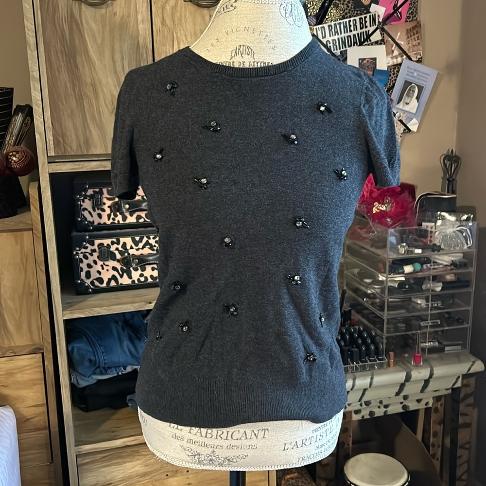 Ann Taylor Loft Gray Embellished Knit Top - XS Petite